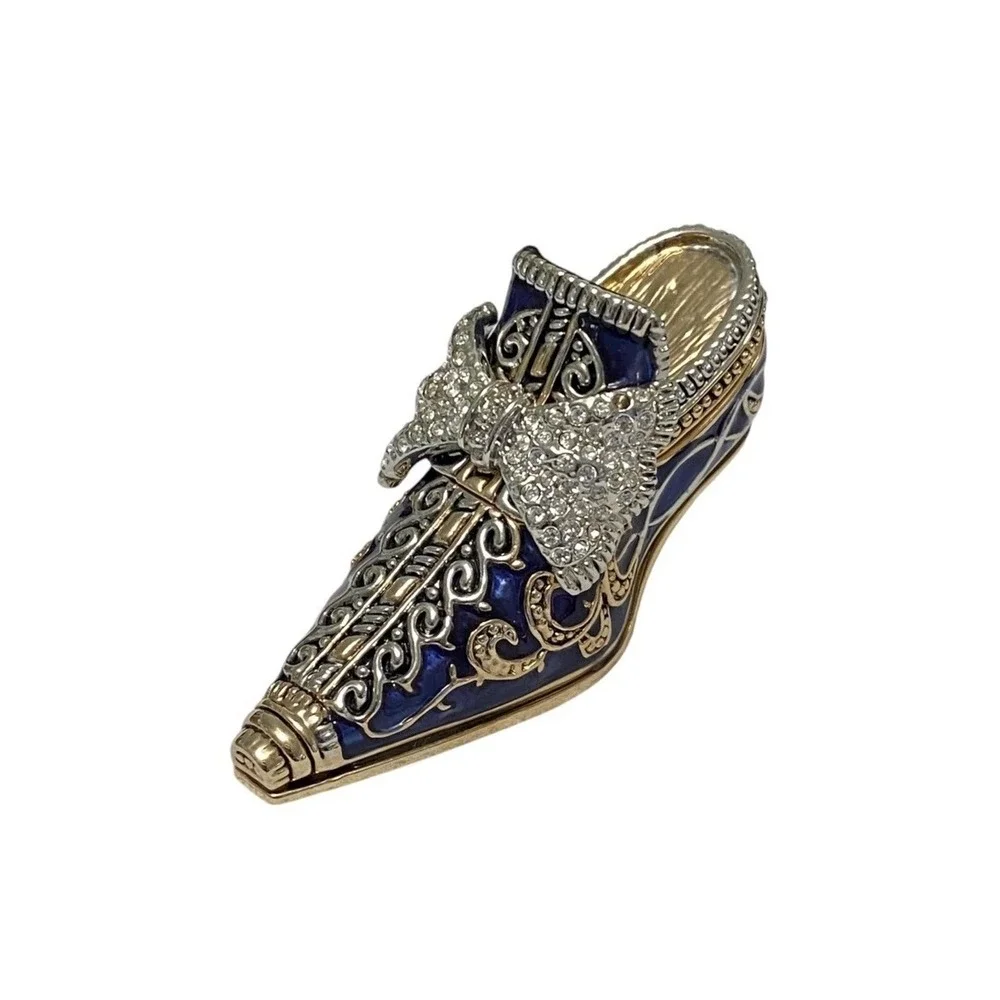 Enameled Cloisonné High Heel‎ Magnetic Blue Gold Trinket Box Crystal Bejeweled